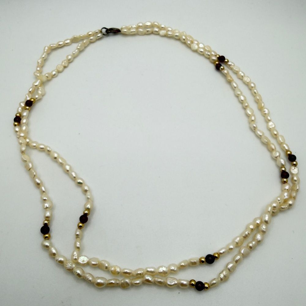 18" Vintage double stranded freshwater pearls, garnet, and gold tone necklace!